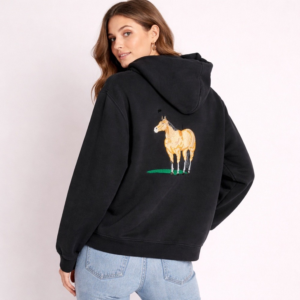 Western Horse Embroidery Black‎ Zip Up Minimalist Hoodie Small Medium